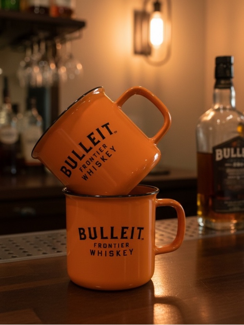 Bulleit Frontier Whiskey Orange Campfire Coffee Tea Cocktail Mugs SET OF TWO